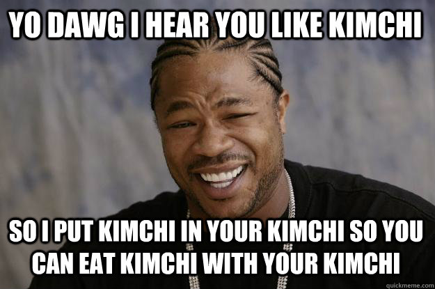 YO DAWG I HEAR YOU like kimchi so I put kimchi in your kimchi so you can eat kimchi with your kimchi  Xzibit meme