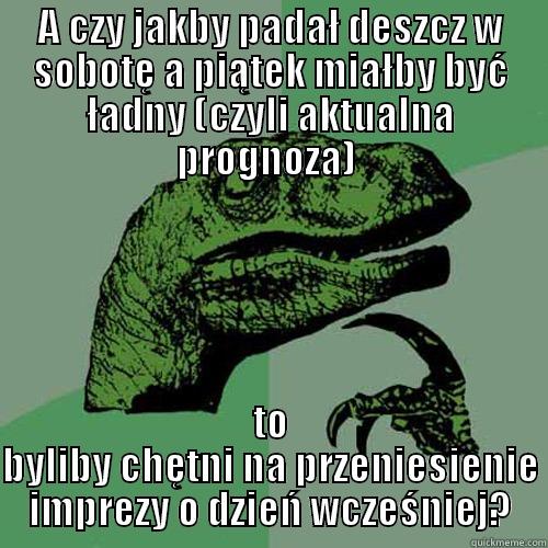 A CZY JAKBY PADAŁ DESZCZ W SOBOTĘ A PIĄTEK MIAŁBY BYĆ ŁADNY (CZYLI AKTUALNA PROGNOZA)  TO BYLIBY CHĘTNI NA PRZENIESIENIE IMPREZY O DZIEŃ WCZEŚNIEJ? Philosoraptor