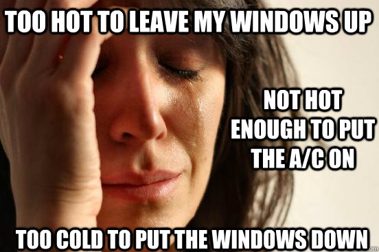 too hot to leave my windows up not hot enough to put the A/C on too cold to put the windows down  FirstWorldProblems