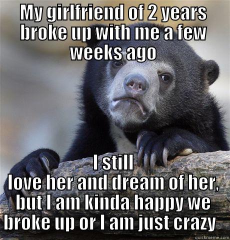 MY GIRLFRIEND OF 2 YEARS BROKE UP WITH ME A FEW WEEKS AGO I STILL LOVE HER AND DREAM OF HER, BUT I AM KINDA HAPPY WE BROKE UP OR I AM JUST CRAZY   Confession Bear