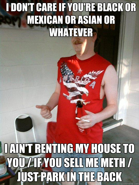 i don't care if you're black or mexican or asian or whatever i ain't renting my house to you / if you sell me meth / just park in the back  Redneck Randal