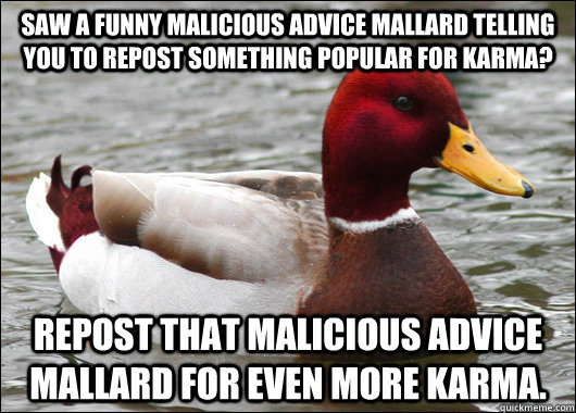 Saw a funny malicious advice mallard telling you to repost something popular for karma? repost that malicious advice mallard for even more karma.   Malicious Advice Mallard