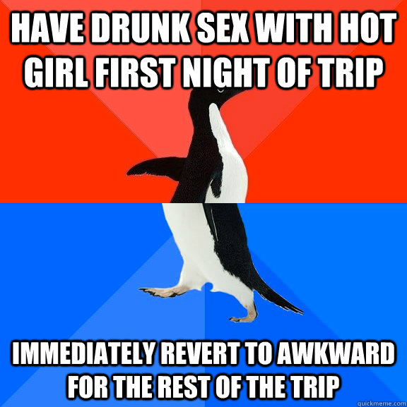Have drunk sex with hot girl first night of trip Immediately revert to awkward for the rest of the trip  Socially Awesome Awkward Penguin