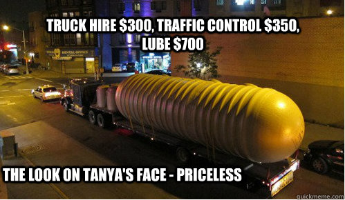 Truck hire $300, Traffic control $350, lube $700 The look on tanya's face - priceless  TAnya