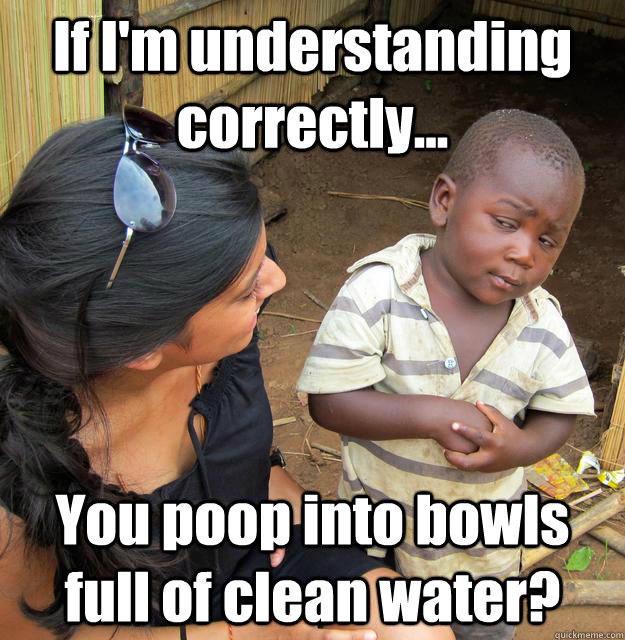 If I'm understanding correctly... You poop into bowls full of clean water? - If I'm understanding correctly... You poop into bowls full of clean water?  3rd World Skeptical Child