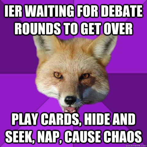 IEr waiting for debate rounds to get over play cards, hide and seek, nap, cause chaos   Forensics Fox