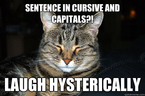 Sentence in cursive AND capitals?! LAUGH HYSTERICALLY  - Sentence in cursive AND capitals?! LAUGH HYSTERICALLY   Confer Cat
