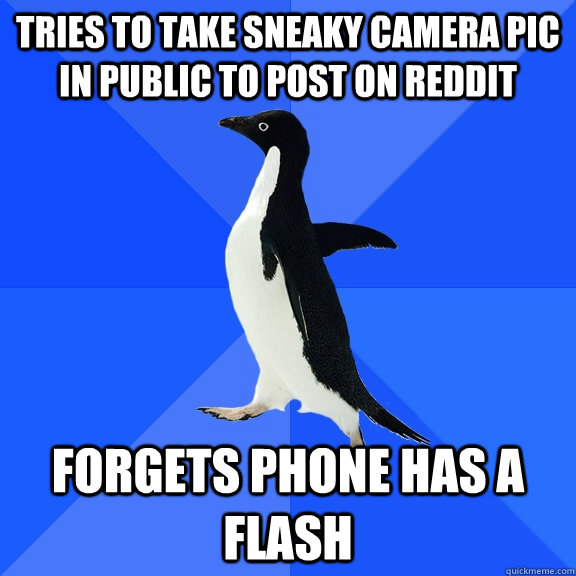 Tries to take sneaky camera pic in public to post on Reddit Forgets phone has a flash  Socially Awkward Penguin