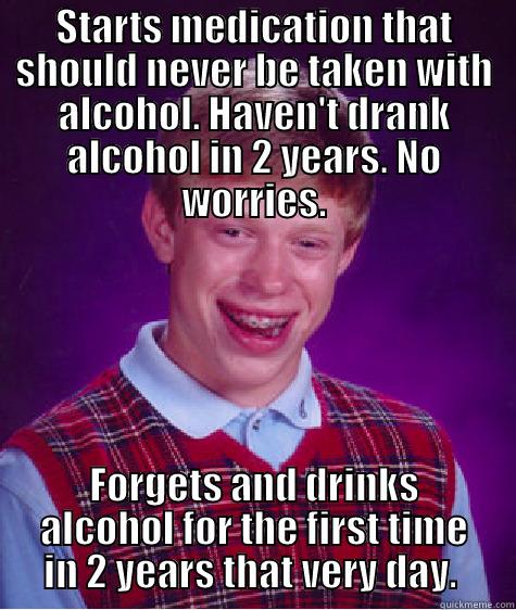 STARTS MEDICATION THAT SHOULD NEVER BE TAKEN WITH ALCOHOL. HAVEN'T DRANK ALCOHOL IN 2 YEARS. NO WORRIES. FORGETS AND DRINKS ALCOHOL FOR THE FIRST TIME IN 2 YEARS THAT VERY DAY.  Bad Luck Brian