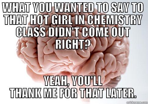 Yet Another Really Scumbag Brain - WHAT YOU WANTED TO SAY TO THAT HOT GIRL IN CHEMISTRY CLASS DIDN'T COME OUT RIGHT? YEAH, YOU'LL THANK ME FOR THAT LATER. Scumbag Brain