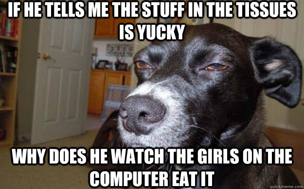 If he tells me the stuff in the tissues is yucky Why does he watch the girls on the computer eat it  Skeptical Mutt