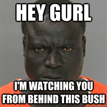 hey gurl i'm watching you from behind this bush  Harmless Black Guy