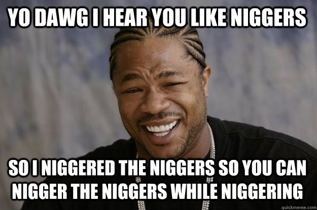 YO DAWG I HEAR YOU LIKE NIGGERS  So i niggered the niggers so you can nigger the niggers while niggering - YO DAWG I HEAR YOU LIKE NIGGERS  So i niggered the niggers so you can nigger the niggers while niggering  Xzibit meme