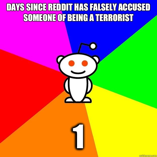 Days since Reddit has falsely accused someone of being a Terrorist 1  Reddit Alien