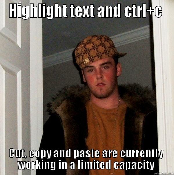 HIGHLIGHT TEXT AND CTRL+C CUT, COPY AND PASTE ARE CURRENTLY WORKING IN A LIMITED CAPACITY Scumbag Steve