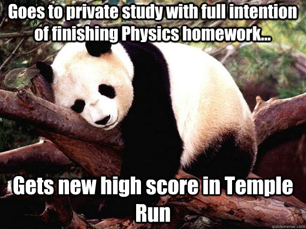 Goes to private study with full intention of finishing Physics homework... Gets new high score in Temple Run  Procrastination Panda