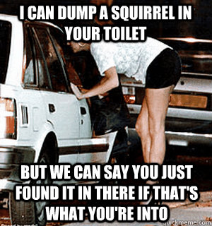 I can dump a squirrel in your toilet but we can say you just found it in there if that's what you're into - I can dump a squirrel in your toilet but we can say you just found it in there if that's what you're into  Karma Whore