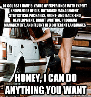 Of course I have 5-years of experience with expert knowledge of GIS, database management, statistical packages, front- and back-end development, Grant writing, Program management, and fluent in 3 different languages Honey, I can do anything you want  Karma Whore