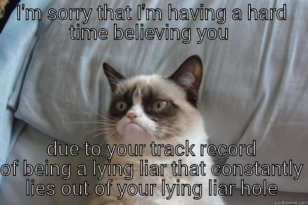 I'M SORRY THAT I'M HAVING A HARD TIME BELIEVING YOU  DUE TO YOUR TRACK RECORD OF BEING A LYING LIAR THAT CONSTANTLY LIES OUT OF YOUR LYING LIAR HOLE Grumpy Cat