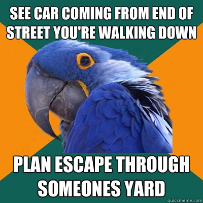 see car coming from end of street you're walking down  plan escape through someones yard   Paranoid Parrot