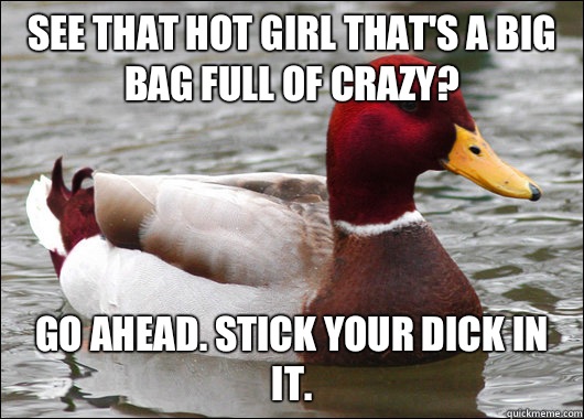 See that hot girl that's a big bag full of crazy? Go ahead. Stick your dick in it.   Malicious Advice Mallard