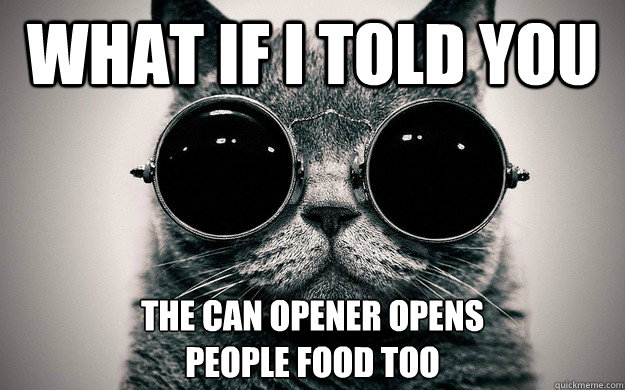What if i told you the can opener opens
people food too  Morpheus Cat Facts