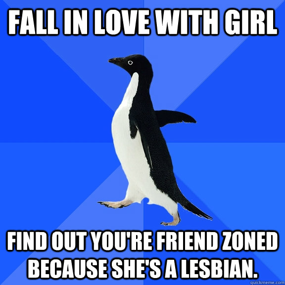 Fall in love with girl Find out you're friend zoned because she's a lesbian.  Socially Awkward Penguin