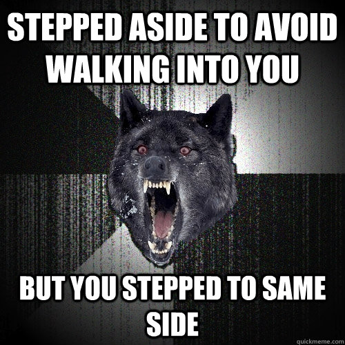 stepped aside to avoid walking into you but you stepped to same side  Insanity Wolf