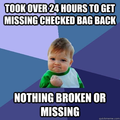 Took over 24 hours to get missing checked bag back Nothing broken or missing - Took over 24 hours to get missing checked bag back Nothing broken or missing  Success Kid