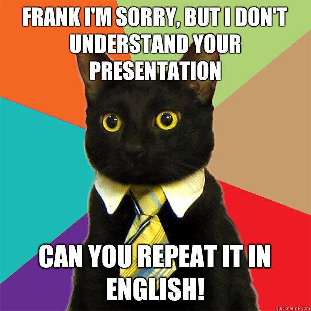 frank i'm sorry, but i don't understand your presentation Can you repeat it in English!  Business Cat