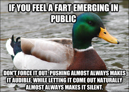 If you feel a fart emerging in public Don't force it out. Pushing almost always makes it audible, while letting it come out naturally almost always makes it silent.  Actual Advice Mallard