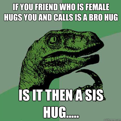 If you friend who is female hugs you and calls is a bro hug Is it then a sis hug.....  Philosoraptor