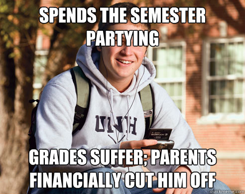 spends the semester partying grades suffer; parents financially cut him off   College Freshman