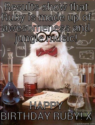 RESULTS SHOW THAT RUBY IS MADE UP OF AWESOMENESS AND JUNGLE MUSIC! HAPPY BIRTHDAY RUBY! X Chemistry Cat