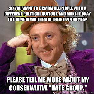 So you want to disarm all people with a different political outlook and make it okay to drone bomb them in their own homes? Please tell me more about my conservative 