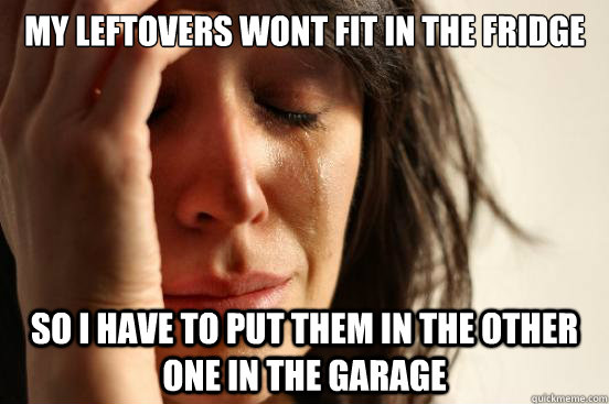 My leftovers wont fit in the fridge So i have to put them in the other one in the garage  First World Problems