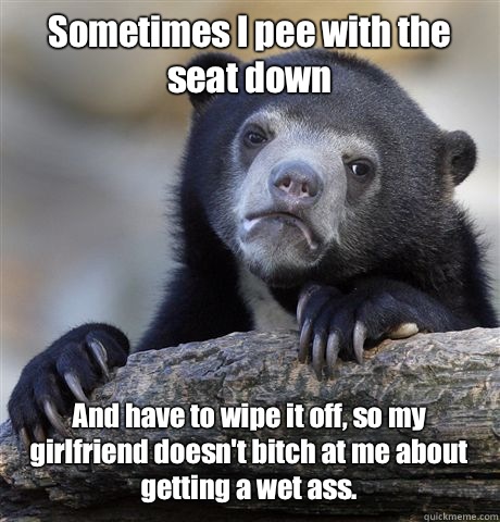 Sometimes I pee with the seat down And have to wipe it off, so my girlfriend doesn't bitch at me about getting a wet ass.   Confession Bear