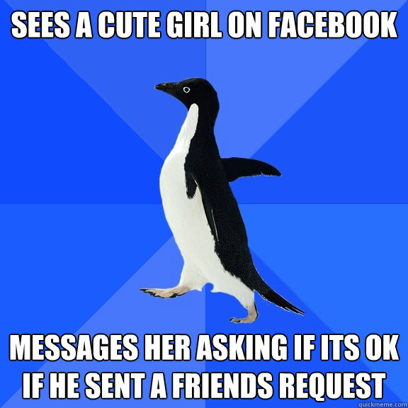 Sees a cute girl on facebook Messages her asking if its ok if he sent a friends request  Socially Awkward Penguin