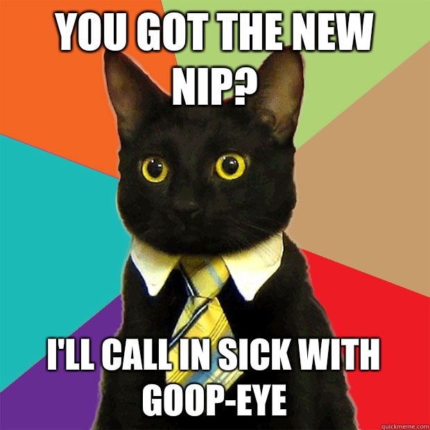 You got the new nip? I'll call in sick with goop-eye  Business Cat