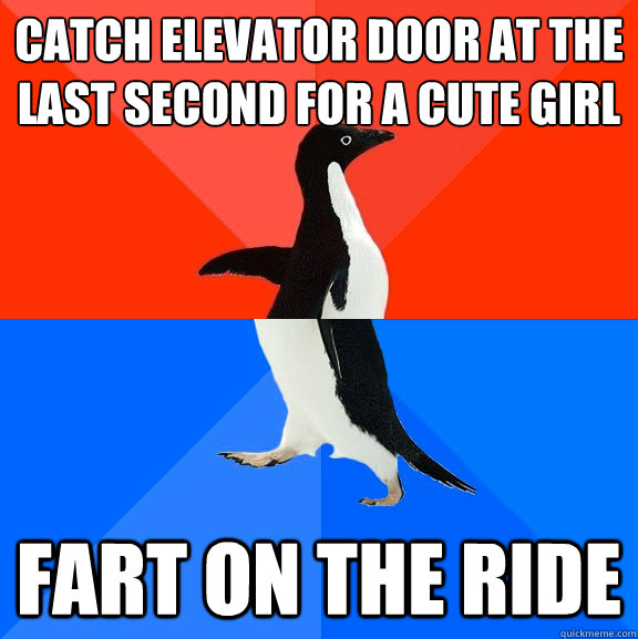 catch elevator door at the last second for a cute girl fart on the ride  Socially Awesome Awkward Penguin