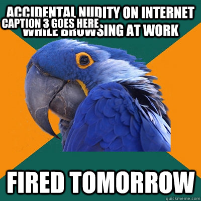 Accidental nudity on internet while browsing at work Fired tomorrow Caption 3 goes here  Paranoid Parrot