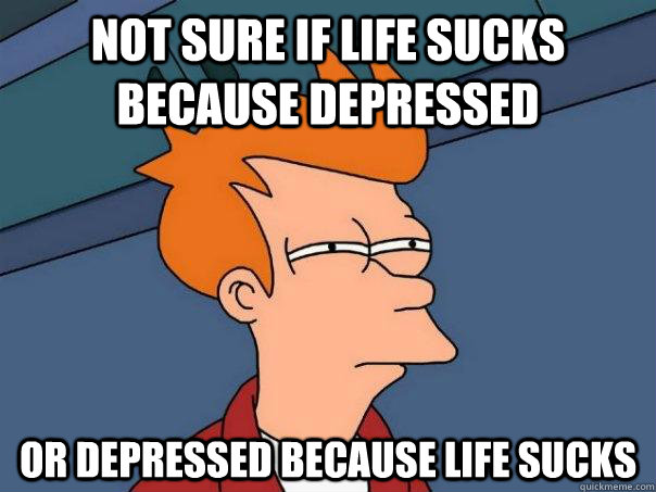 not sure if life sucks because depressed or depressed because life sucks - not sure if life sucks because depressed or depressed because life sucks  Futurama Fry