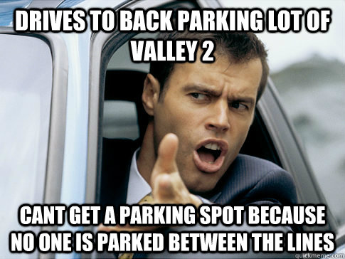 drives to back parking lot of Valley 2 Cant get a parking spot because no one is parked between the lines  Asshole driver