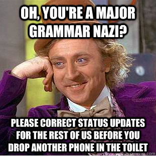 Oh, you're a major grammar Nazi? please correct status updates for the rest of us before you drop another phone in the toilet   Condescending Wonka