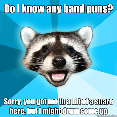 Do I know any band puns? Sorry, you got me in a bit of a snare here, but I might drum some up  Lame Pun Coon