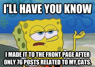I'll Have you know I made it to the front page after only 76 posts related to my cats.  sponge