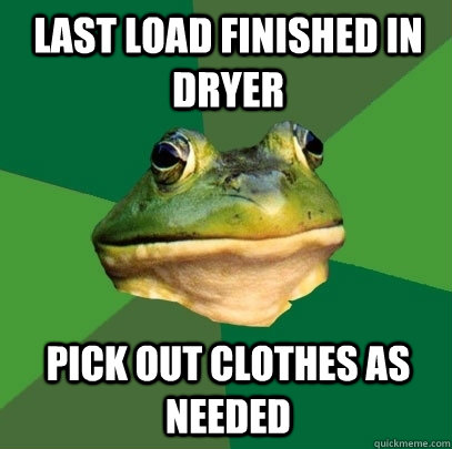 Last load finished in dryer pick out clothes as needed  Foul Bachelor Frog