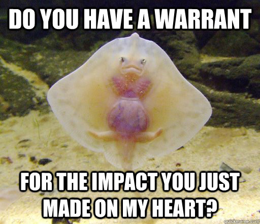 Do you have a warrant For the impact you just made on my heart?  Forensics Pick-Up Line Fish