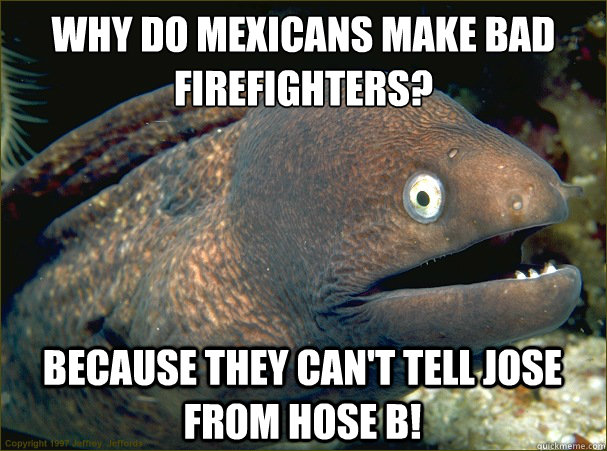 Why do Mexicans make bad firefighters? Because they can't tell Jose from Hose B!  Bad Joke Eel
