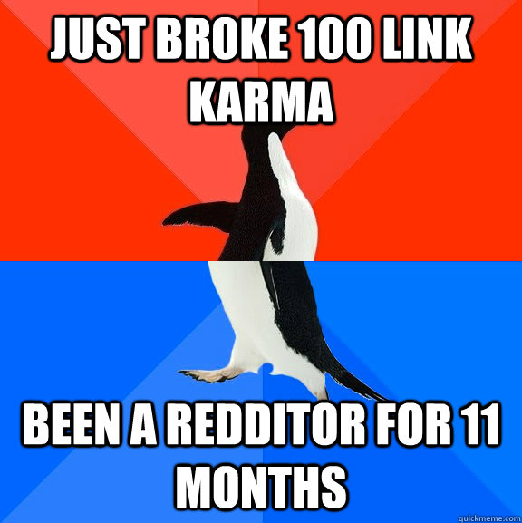 just broke 100 link karma been a redditor for 11 months  Socially Awesome Awkward Penguin